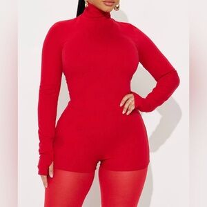 Natalye Long Sleeve Mock Neck Romper - Red
